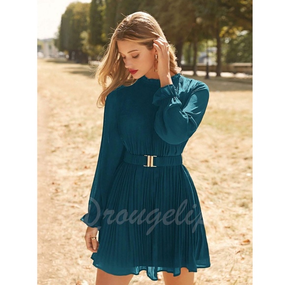 Teal Blue Boho Mini Pleated Dress Belted, Elastic - Picture 4 of 7